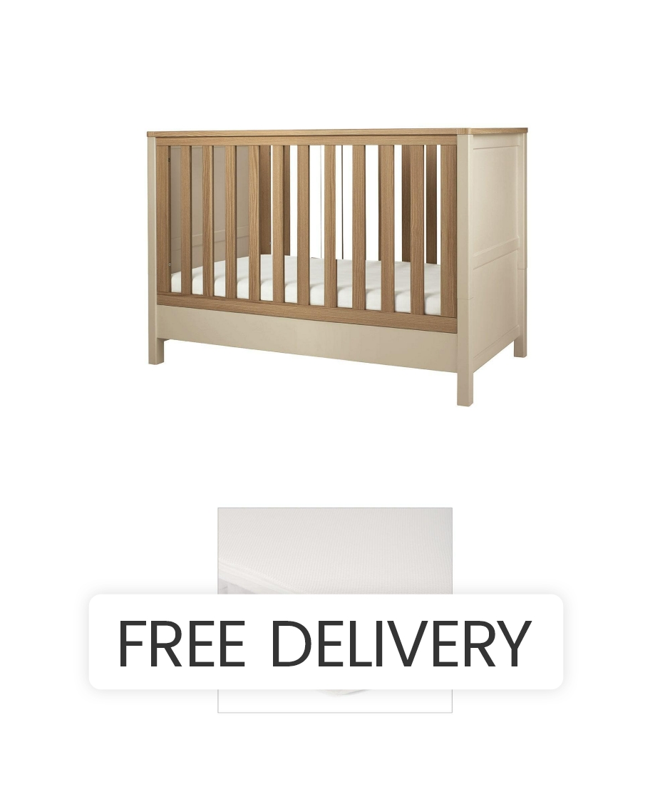 Mamas & Papas Harwell Convertible Cot Bundle with Essential Pocket Spring Cot Mattress | Cashmere | Baby Bed | Birth to 4 Years | Adjustable Height | Compact For Small Rooms | Best Toddler Crib | Nursery Furniture | 130 x 67.5 x 91cm
