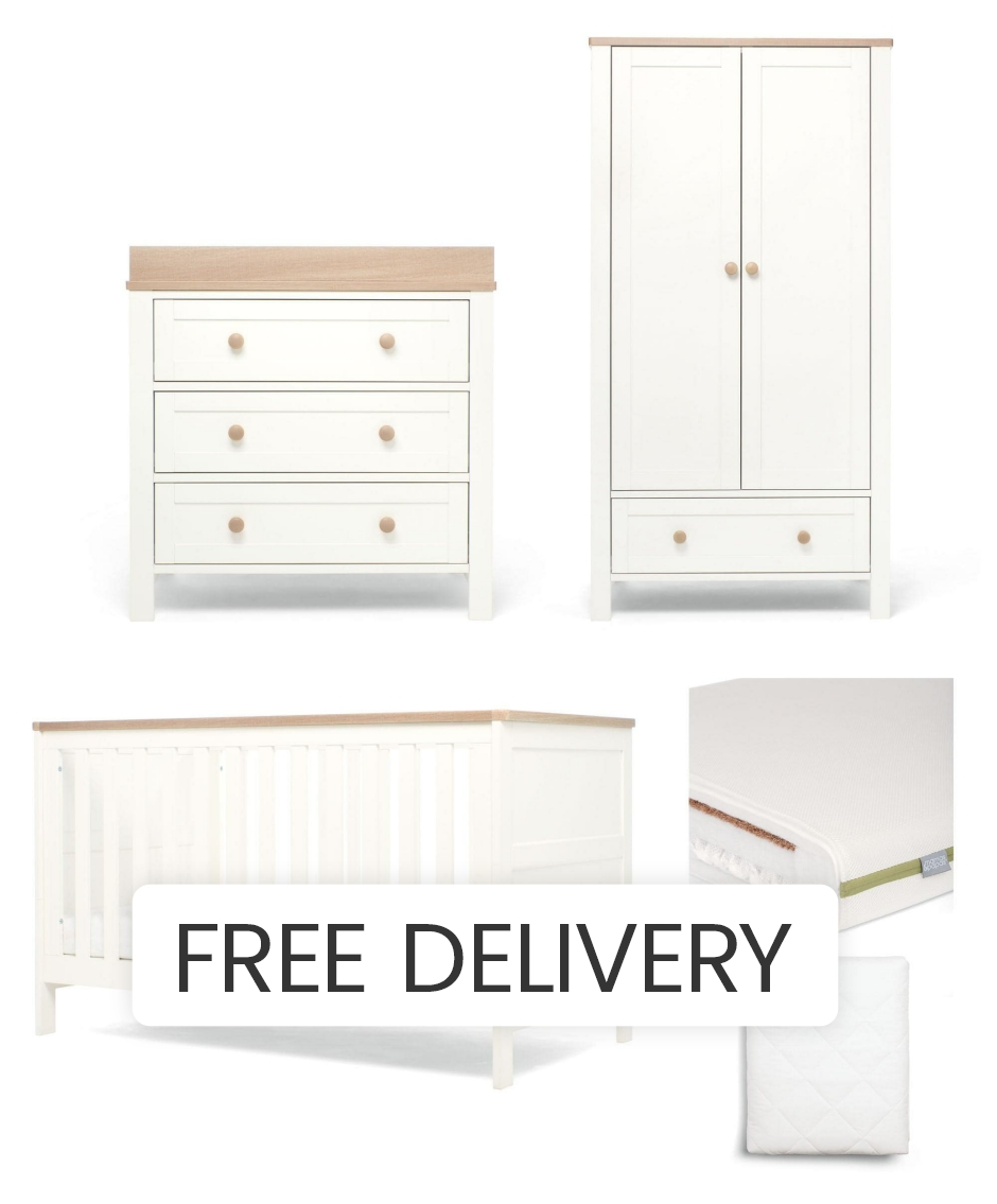 Mamas & Papas Wedmore 3 Piece Cotbed Range with Premium Dual Core Mattress - White/Oak