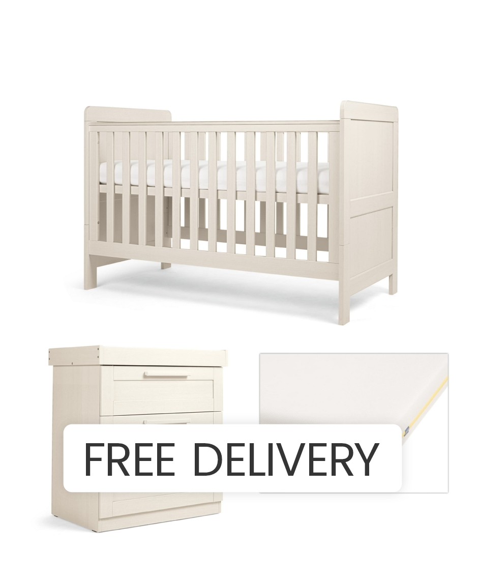Mamas & Papas Atlas Nursery Furniture Set & Signature Airflow Pocket Spring Cotbed Mattress Bundle