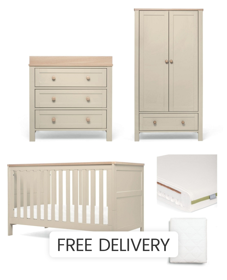 Mamas & Papas Wedmore Furniture Range - 3 Piece Nursery Set - Cotbed, Wardrobe, Dresser - Cashmere/Oak