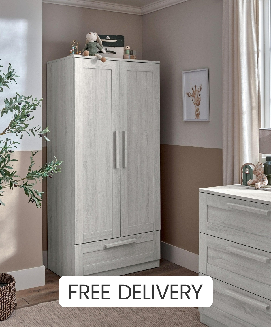 Mamas & Papas Atlas Nursery Wardrobe - 2 Door - Storage Drawer - Nimbus White