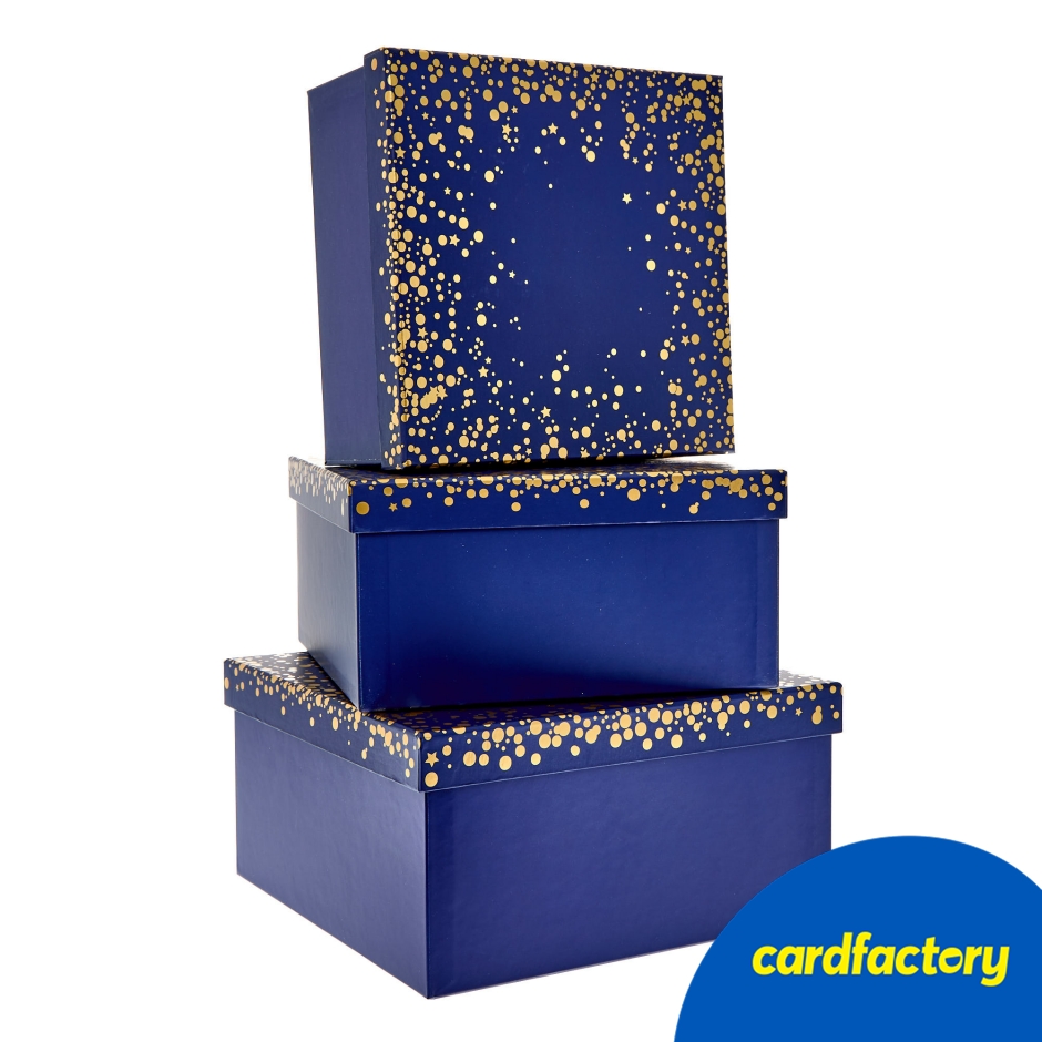 Image of Navy Blue Gift Boxes Set of 3 | Decorative Cardboard Boxes with Gold Speckle | Ideal for All Occasions | Sizes: Small, Medium, Large | Cardfactory