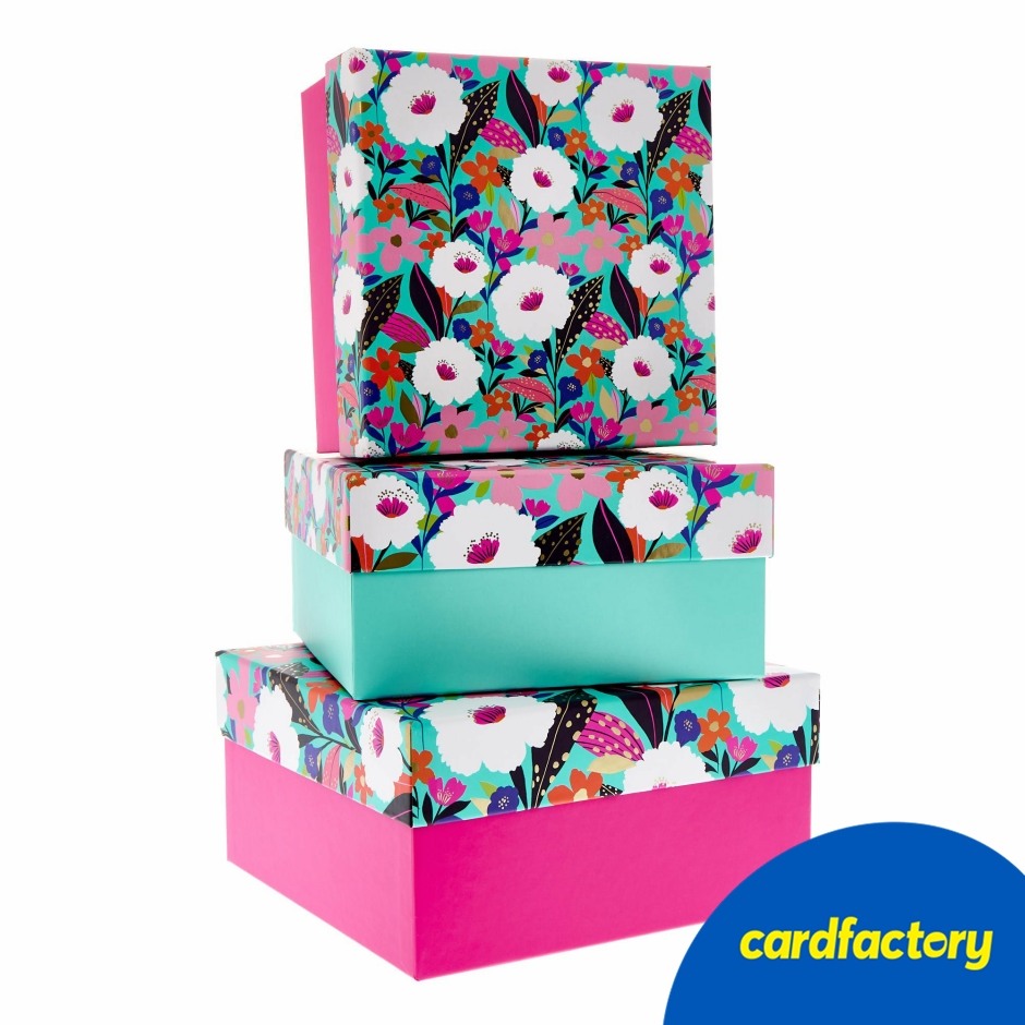 Image of Bright Floral Gift Boxes | Set of 3 | Card Material | Ideal for Special Occasions | Stackable | Small 20.5cm, Medium 22.5cm, Large 25cm | Gift Packaging