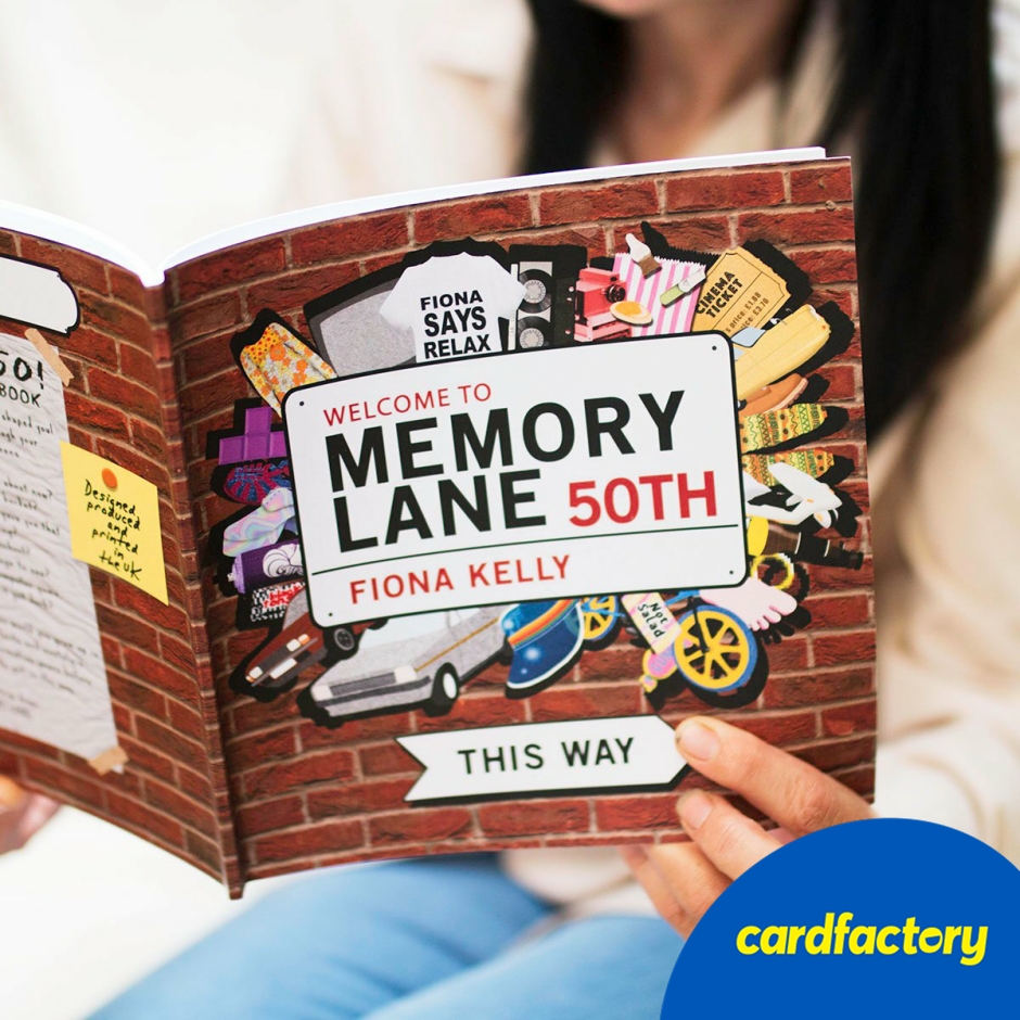 Image of Personalised Memory Lane 50th Birthday Book | 21cm x 21cm Nostalgic Keepsake | Illustrated Childhood Memories and Fun Life Facts