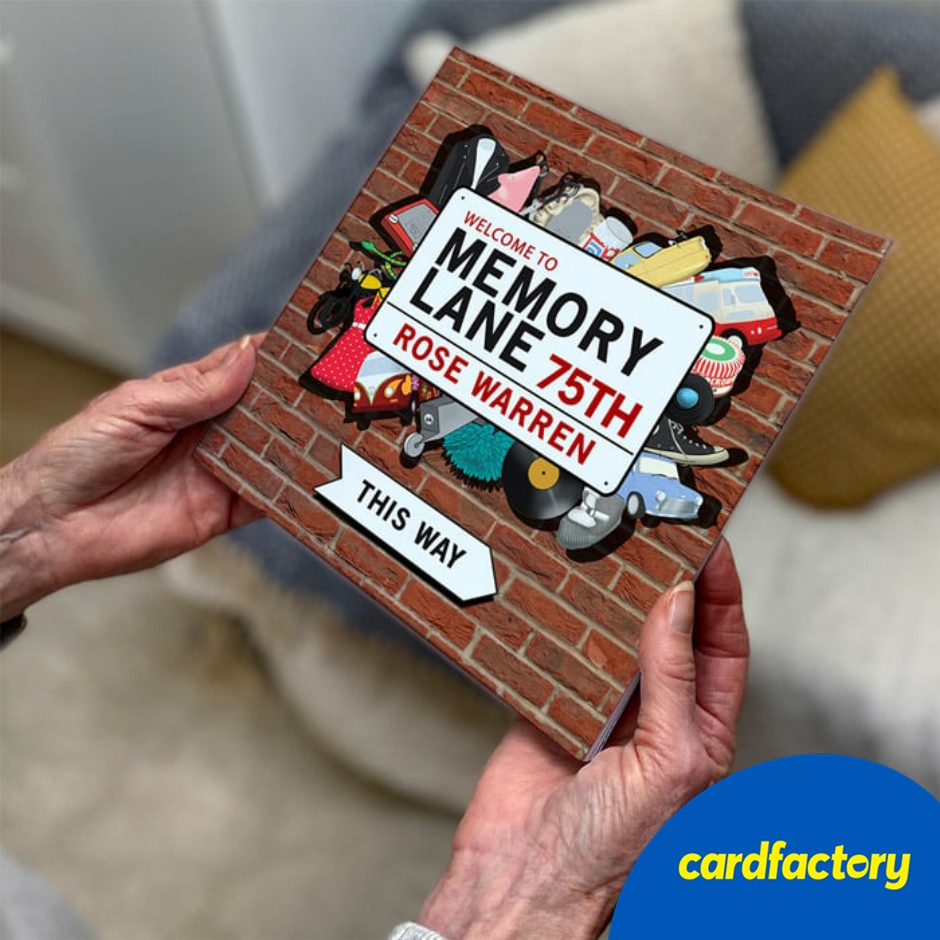 Image of Personalised 75th Birthday Memory Lane Book | Nostalgic Facts &amp; Illustrations | Customised Keepsake | 21cm x 21cm