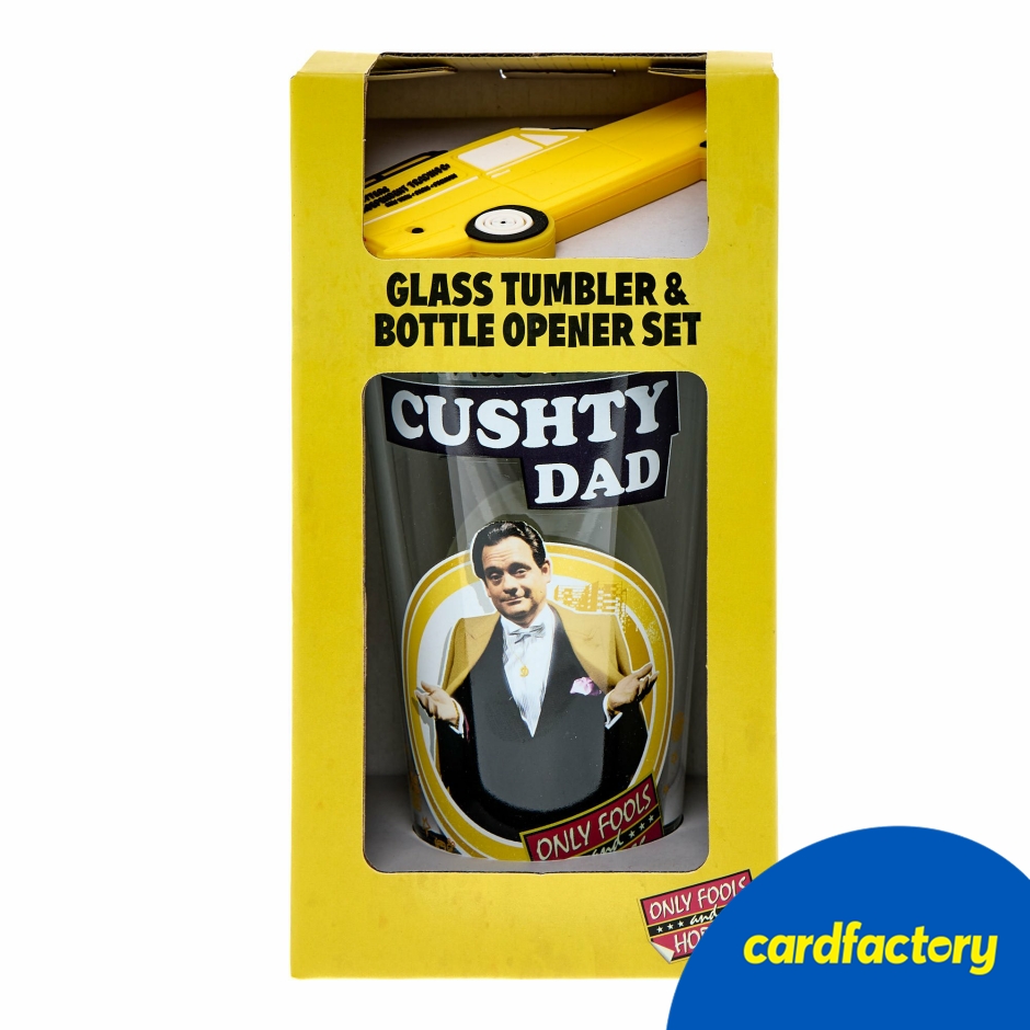 Image of Only Fools &amp; Horses Cushty Dad Gift Set | Glass Tumbler and Bottle Opener | Del Boy Design with Reliant Robin Opener | Perfect Gift for Dads