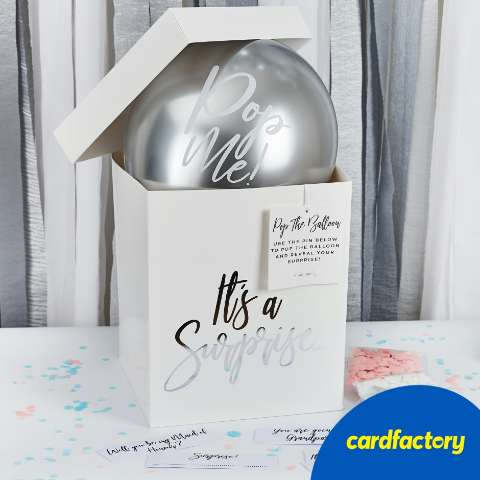 Image of Metallic Surprise In A Box Set | 3 Colour Options | Metallic Gift Box Set | Includes Balloon, Confetti &amp; Surprise Cards | 30cm x 25cm x 25cm | Cardfactory