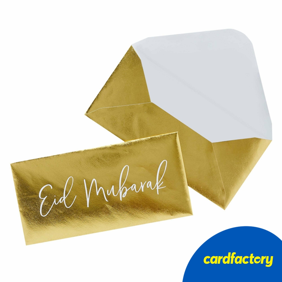 Image of Gold Eid Mubarak Money Envelopes - Pack of 5 | Foiled Card Envelopes | Perfect for Gifting | 10cm x 20cm | Elegant Designs | Cardfactory