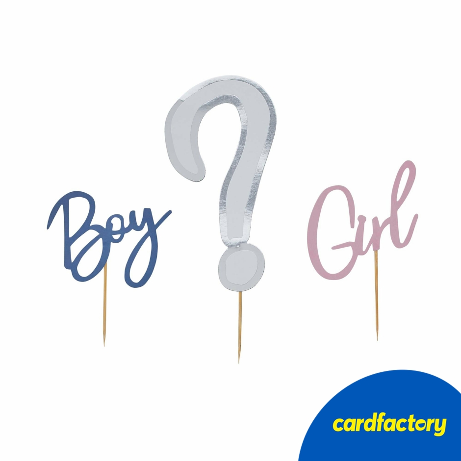 Image of Gender Reveal Cake Topper Set | Includes 'Girl', 'Boy' &amp; Question Mark Designs | Card &amp; Wood Material | 22cm x 11cm