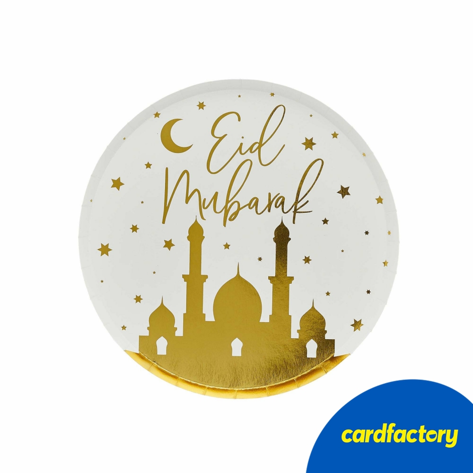 Image of Eid Mubarak Gold Foiled Paper Plates | Pack of 8 | Mosque Design | Perfect for Parties | 22.5cm x 22.5cm | Festive Tableware | Cardfactory