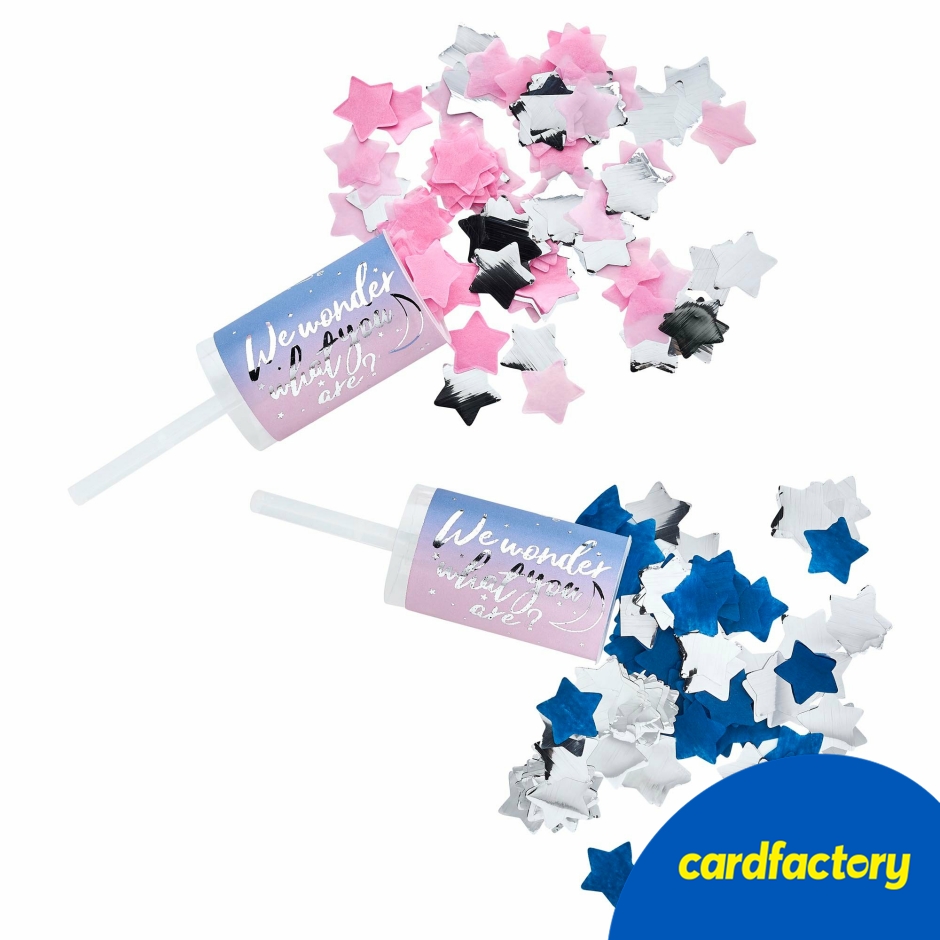 Image of Gender Reveal Confetti Push Pops | Pack of 2 | Pink &amp; Blue Tissue Paper Stars | Plastic Material | 15cm x 4.5cm