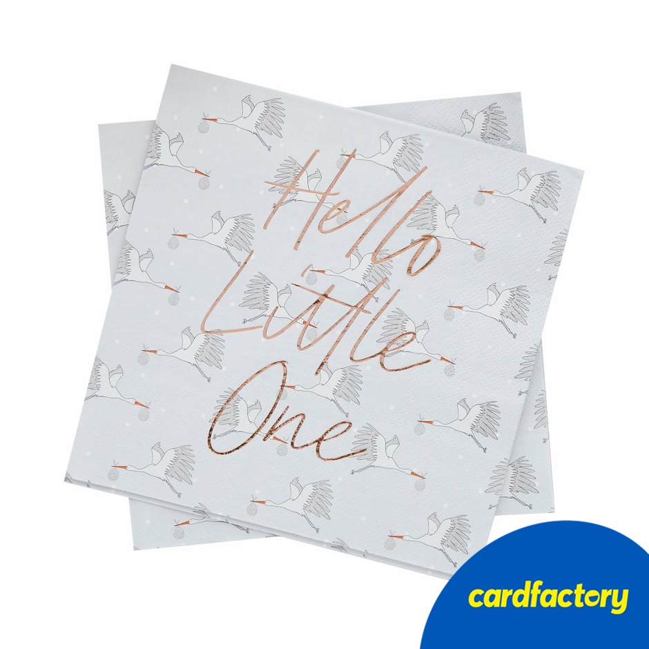 Image of Hello Little One Paper Napkins | Rose Gold Foiled Stork Design | Pack of 16 | 16.5cm x 16.5cm | Stylish Baby Shower Decor