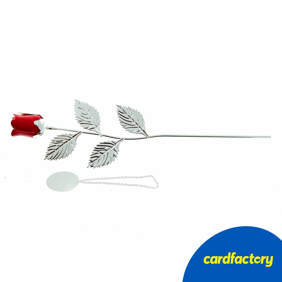 Image of Silver Plated Metal Rose in Black Presentation Box | Intricately Designed Leaves | Red-Coloured Bud | Timeless Gift | 32cm Length