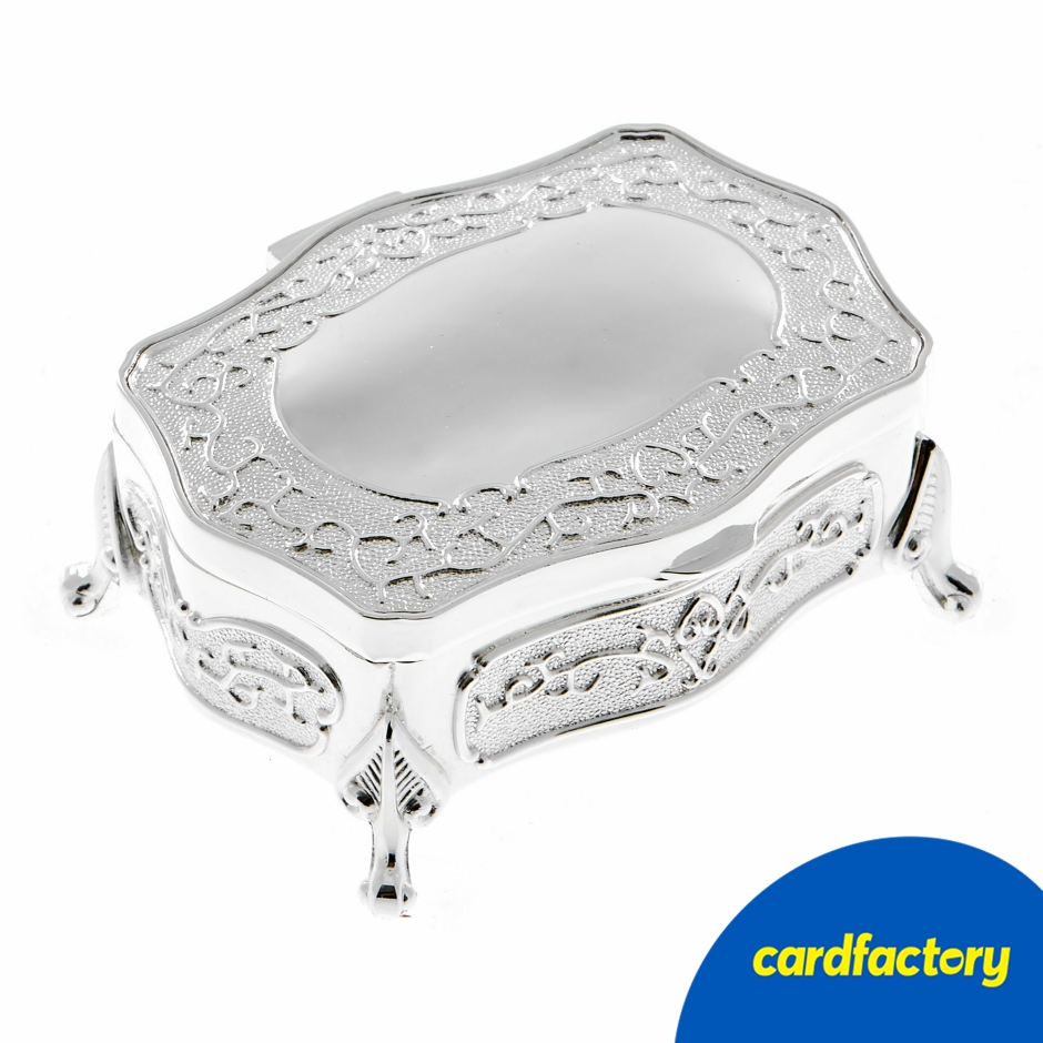 Image of Vintage Jewellery Box | Metal with Decorated Legs | Soft Grey Fabric Lining | Ornate Scalloped Trim | 15cm x 13cm