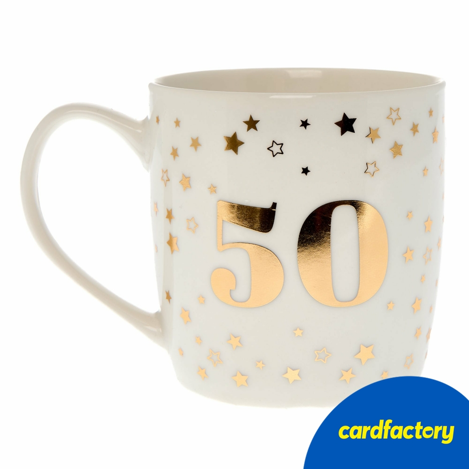Image of 50th Birthday Mug | Blue &amp; Gold Design | Ceramic Gift | Includes Matching Box | Perfect Milestone Present | 9cm x 9cm