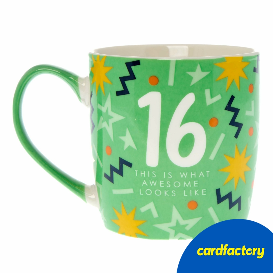 Image of 16th Birthday Mug | "This Is What Awesome Looks Like" Design | Green Ceramic | Gift Boxed | Ideal for Hot Drinks | 10cm x 13.6cm x 9cm