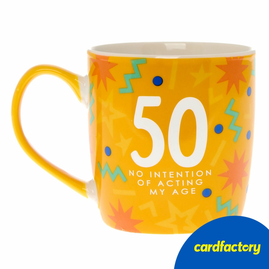Image of 50th Birthday Mug | "No Intention of Acting My Age" Design | Bold Orange with Starbursts &amp; Zigzags | Ceramic | Gift Box Included