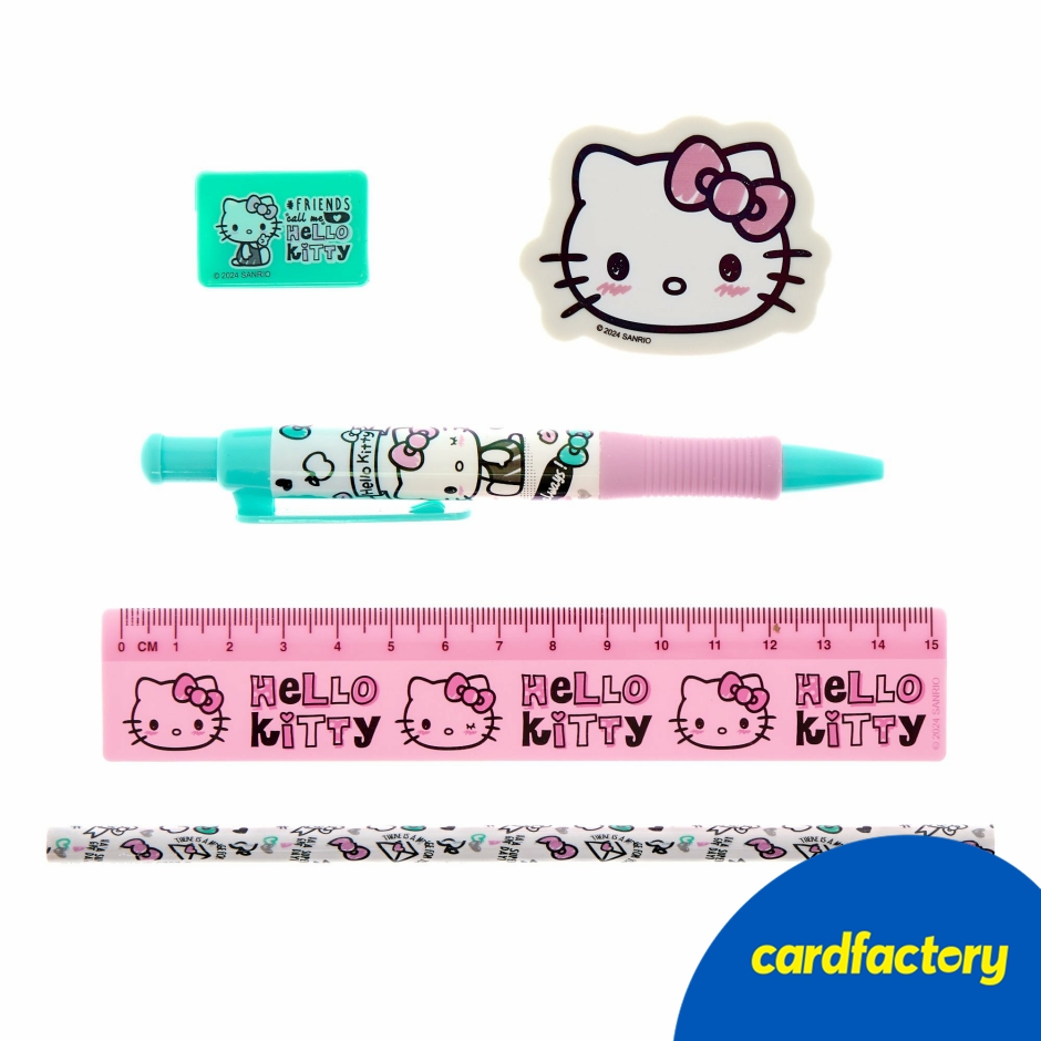Image of Hello Kitty Stationery Set | Cute Office &amp; School Supplies | Includes Ruler, Pencil, Pen, Eraser, Sharpener | Compact Plastic Wallet | 20.5cm x 8.5cm