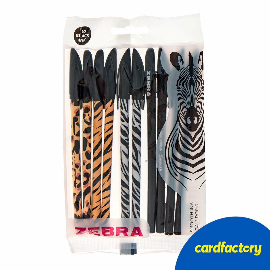 Image of Zebra Smooth Animal Print Gift Ball Point Pens | Black Ink | Pack of 10 | Includes Tiger Zebra Cheetah &amp; Plain Designs | Perfect for Home Work or