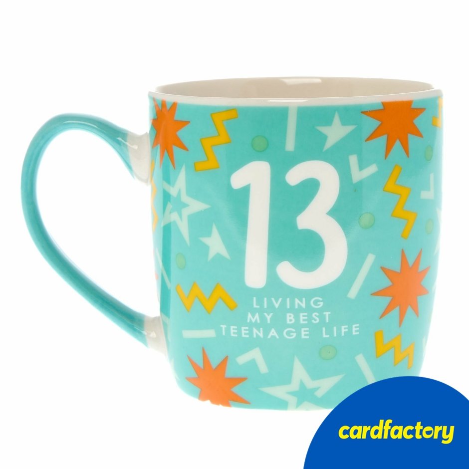 Image of 13th Birthday Mug Gift Set | Bold Teal Design with Starbursts &amp; Zigzags | Ceramic | Includes Gift Box | 10cm x 13.6cm x 9cm
