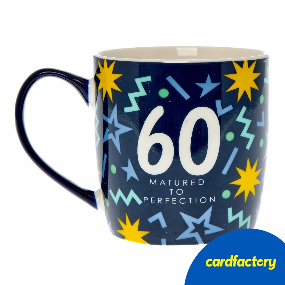 Image of 60th Birthday Mug Gift Set | Ceramic Mug with Bold Navy Design | Starbursts &amp; Zigzags | 10cm x 13.6cm x 9cm | Ideal for Hot Drinks