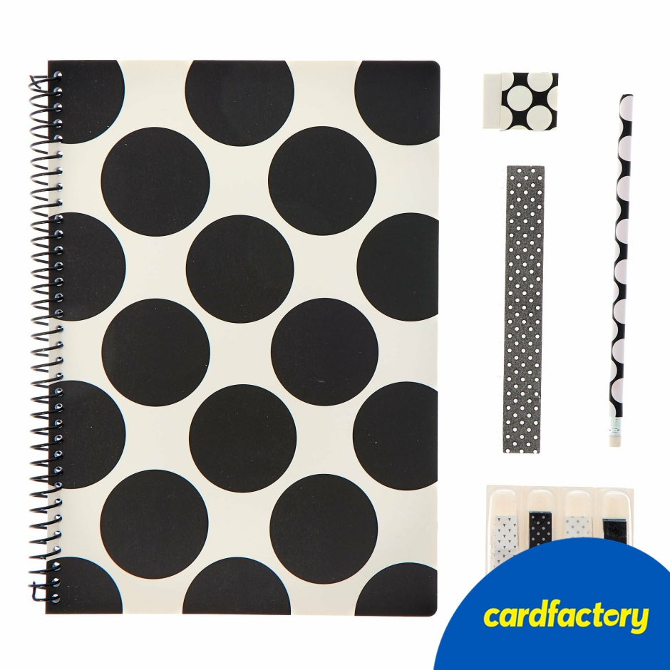 Image of Polka Dot A4 Notebook &amp; Stationery Set | Wirebound Lined Paper | Includes Sticky Tabs, Pencil, Eraser, Ruler | Dimensions 32cm x 23cm x 1.2cm