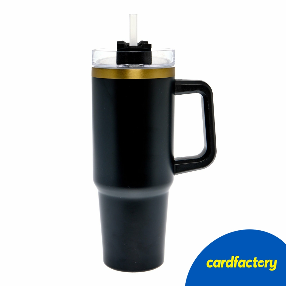 Image of Black Travel Mug with Handle | Screw-Top Lid &amp; Pull-Out Straw | Plastic Material | Ideal for Cold Drinks | Dimensions 27.4cm x 12.8cm x 8.8cm