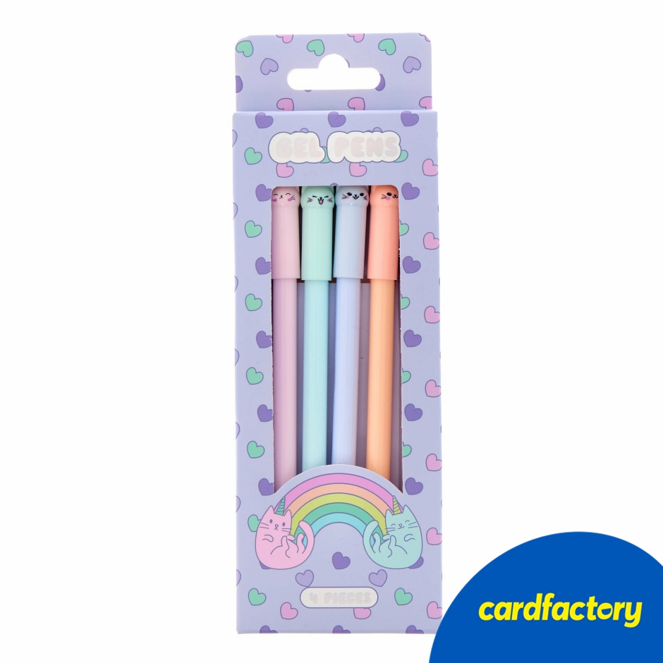 Image of Cat Gel Pens Set | Cute Cat-Themed Stationery | Pack of 4 Colours | Pastel Pink, Blue, Purple, Orange | Fun Creative Writing Tools