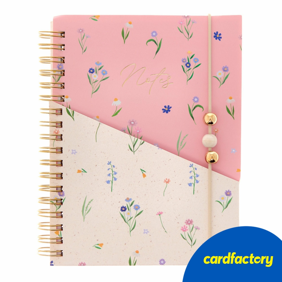 Image of Floral Notebook with Bead Detail | Wirebound Design | Lined Pages | Card, Wire, Elastic, Wood, Plastic | Perfect for Journaling