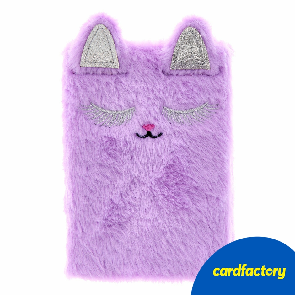 Image of Fluffy Cat Notebook | Super-Soft Purple Feline Design with Embroidery &amp; 3D Ears | Lined Paper | Polyester, Card &amp; Paper | Ideal for Home or School Use