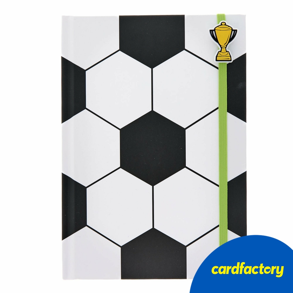 Image of Football &amp; Trophy A5 Notebook | Hardback Lined Design | Elastic Strap &amp; Rubber Icon | Green Ribbon Bookmark | Card &amp; Paper Material
