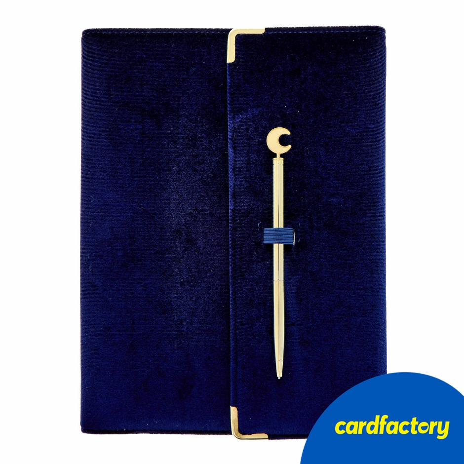 Image of Starry Notebook &amp; Golden Pen Set | Luxurious Velvet-Like Navy Pouch | Moon Motif | Perfect Organisational Gift | Dimensions 27cm x 20.4cm x 4.7cm