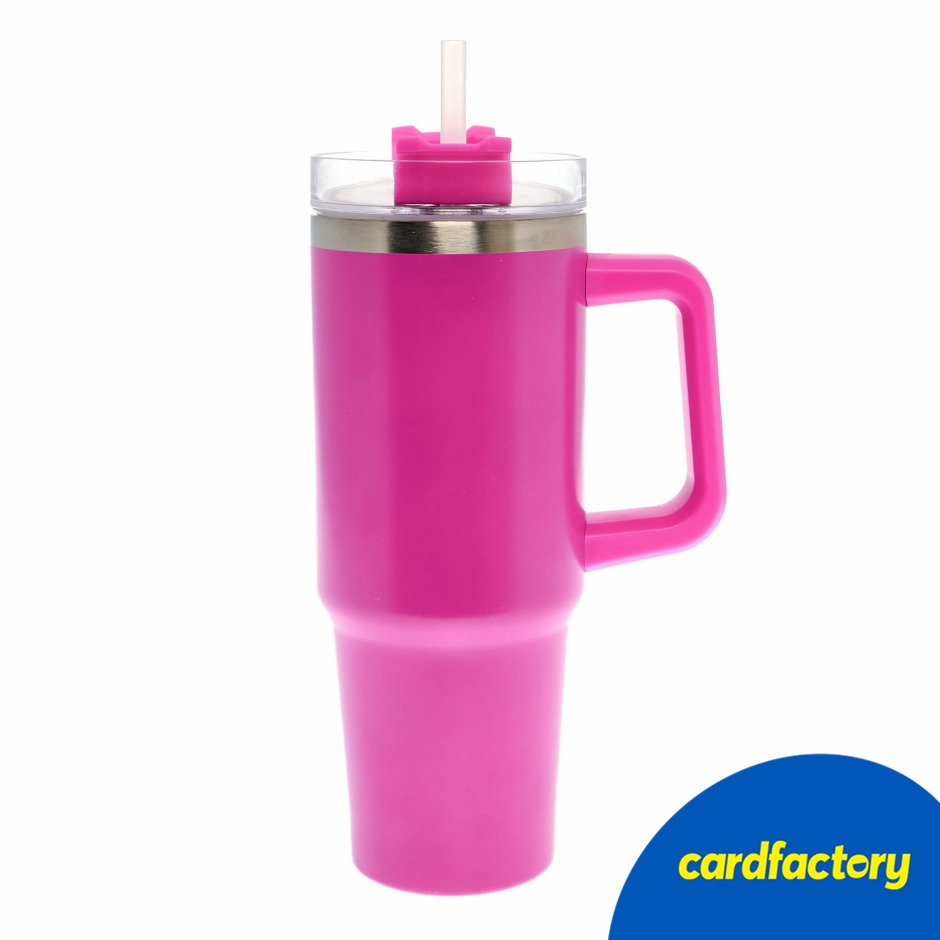 Image of Bold Pink Travel Mug | Plastic with Carry Handle | Screw-Top Lid &amp; Pull-Out Straw | Ideal for Cold Drinks | 27.4cm x 12.8cm x 8.8cm