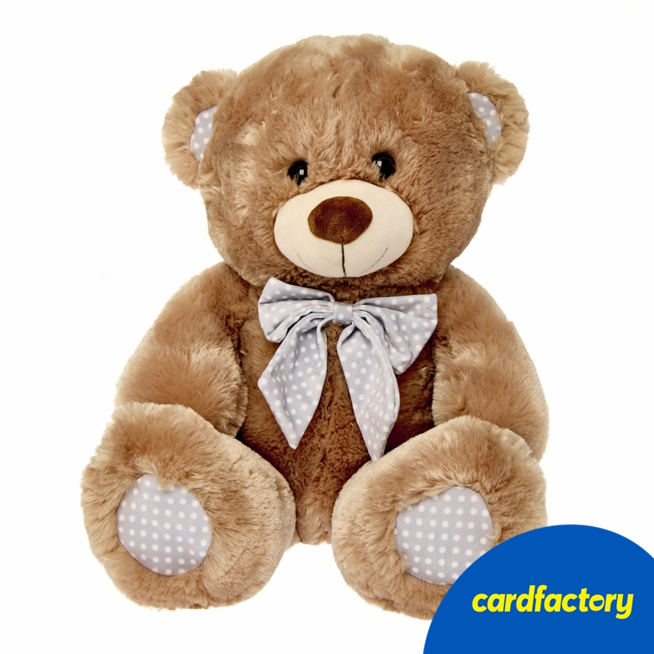 Image of Large Teddy Bear with Bow Soft Toy | Brown Polyester Plush Bear | Grey Polka Dot Bow | 35cm Cuddly Gift | For Kids and Adults