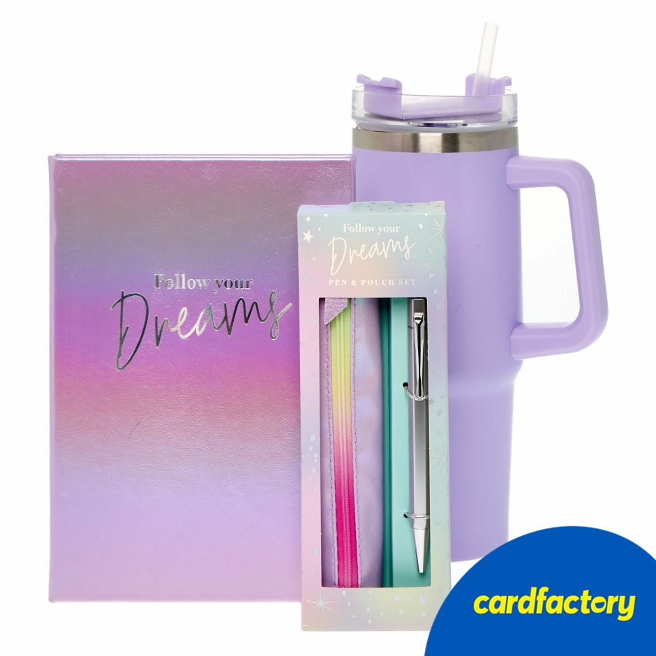 Image of Dreams Stationery Bundle | Inspirational Pastel Set | Includes Lilac Travel Mug, Holographic A5 Notebook, Pen &amp; Pouch | Organise &amp; Inspire