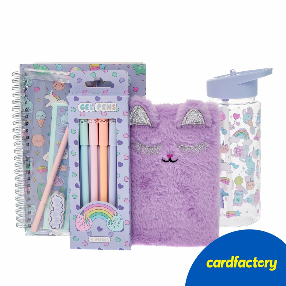 Image of Cat-Themed Stationery Bundle | Magical Designs &amp; Fluffy Textures | Includes Notebook, Pencil Case, Water Bottle &amp; Gel Pens | Perfect for School &amp; Office | A5 Notebook &amp; 15cm Ruler