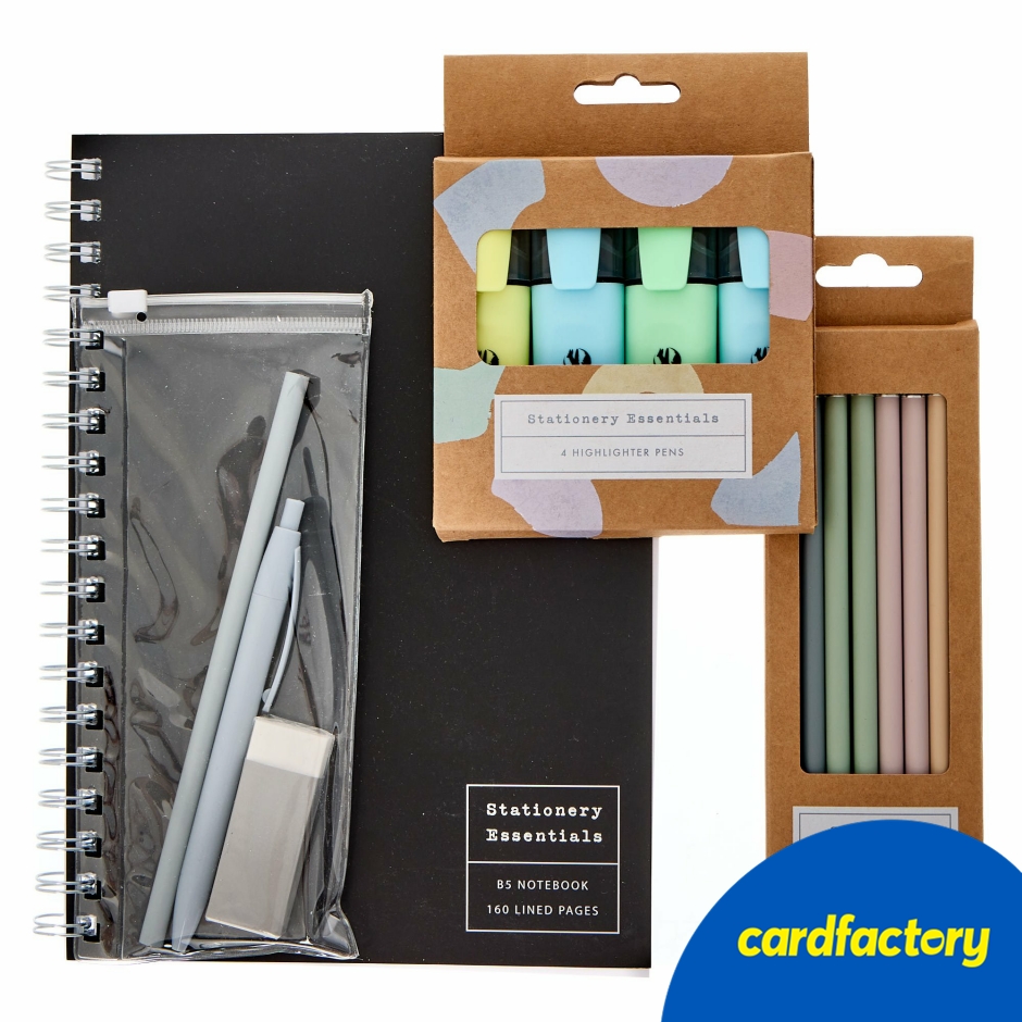 Image of Essentials Stationery Bundle | Pastel HB Pencils &amp; Erasers | Colourful Highlighters Pack of 4 | Black B5 Notebook &amp; Pencil Case Set | Ideal for School &amp; Office
