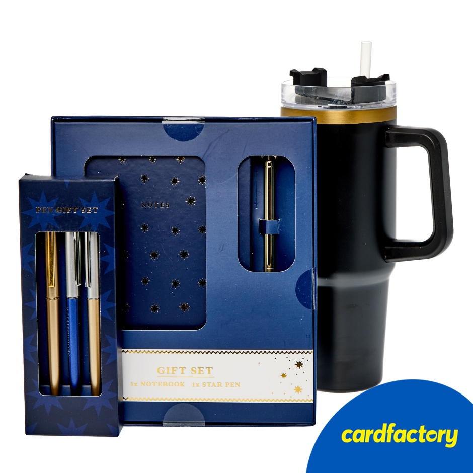 Image of Stars Stationery Bundle | Celestial-Inspired Desk Set | Ballpoint Pens Pack of 3 | Notebook &amp; Pen Gift Set | Black Travel Mug with Straw