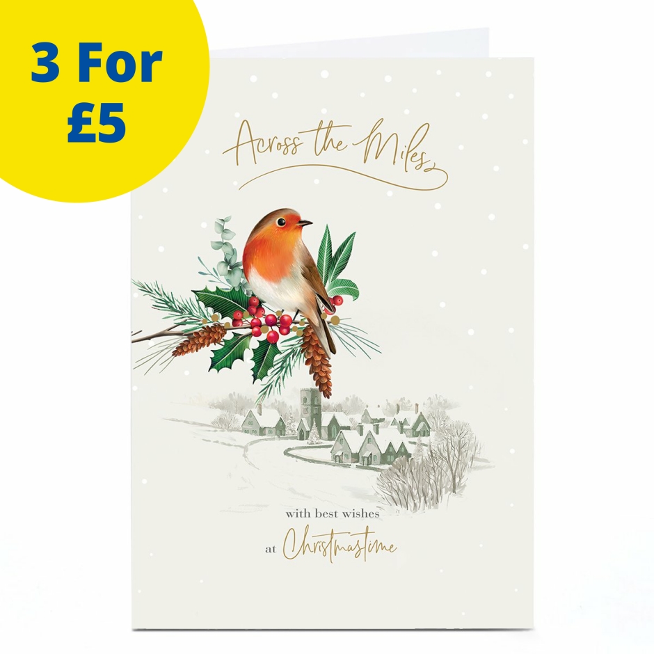 Image of Christmas Card - Across the Miles Robin on Holly Branch | Christmas Cards