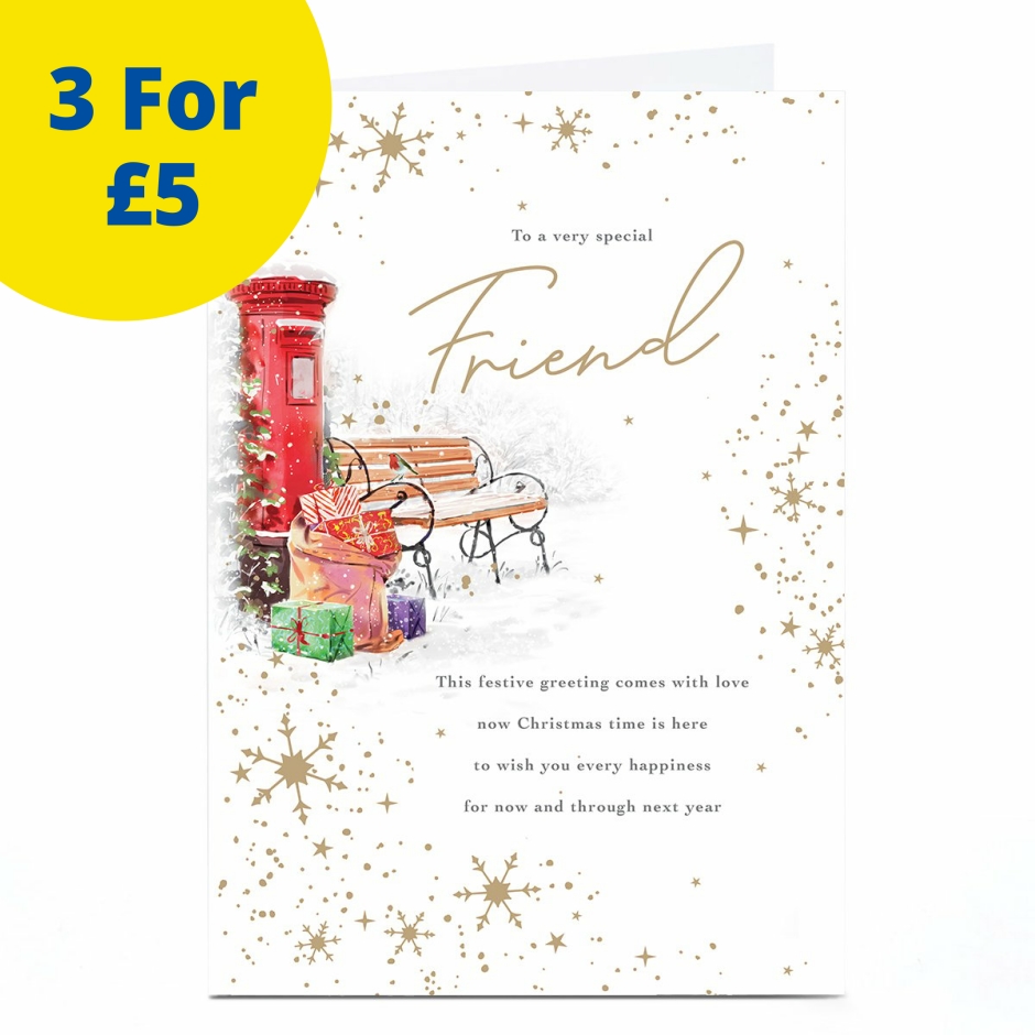 Image of Christmas Card - Postbox Bench and Presents, Friend | Christmas Cards