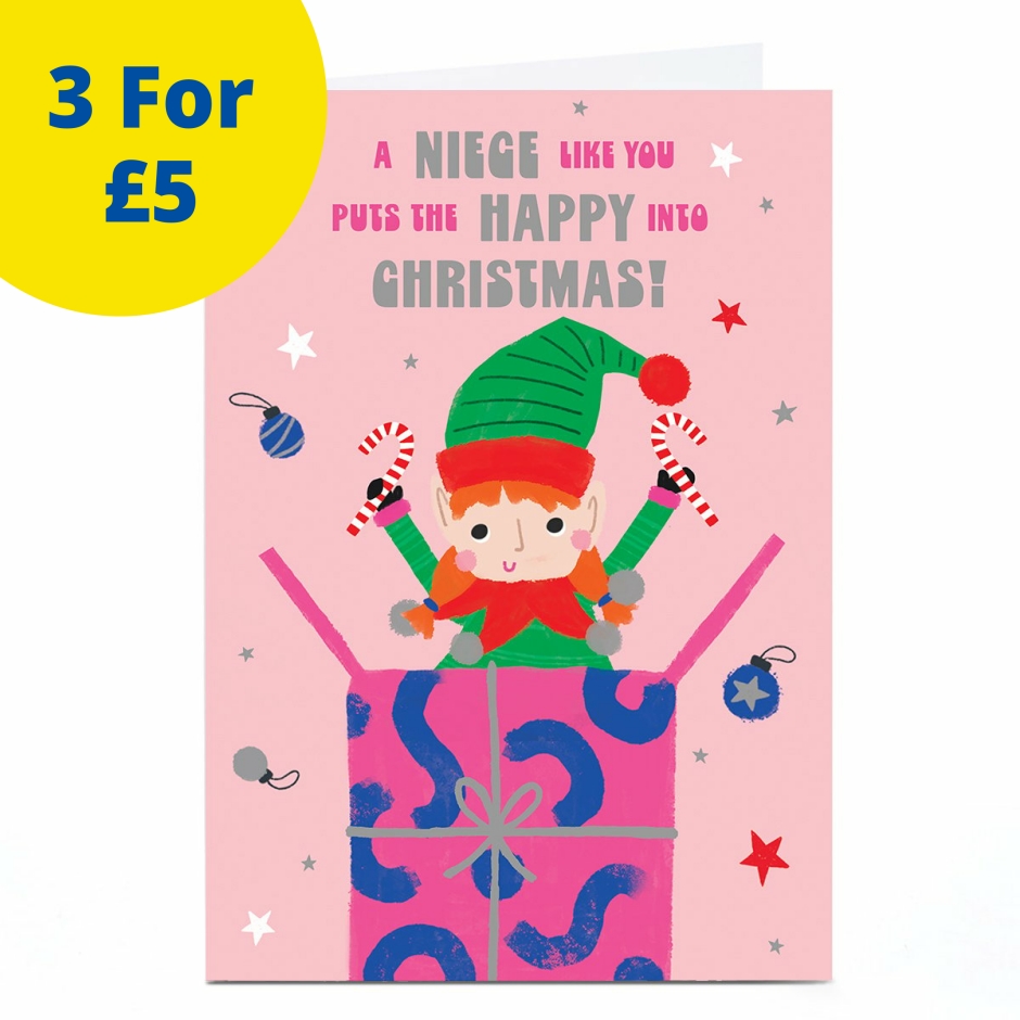 Image of Christmas Card - Elf Jumping Out of Present, Niece | Christmas Cards