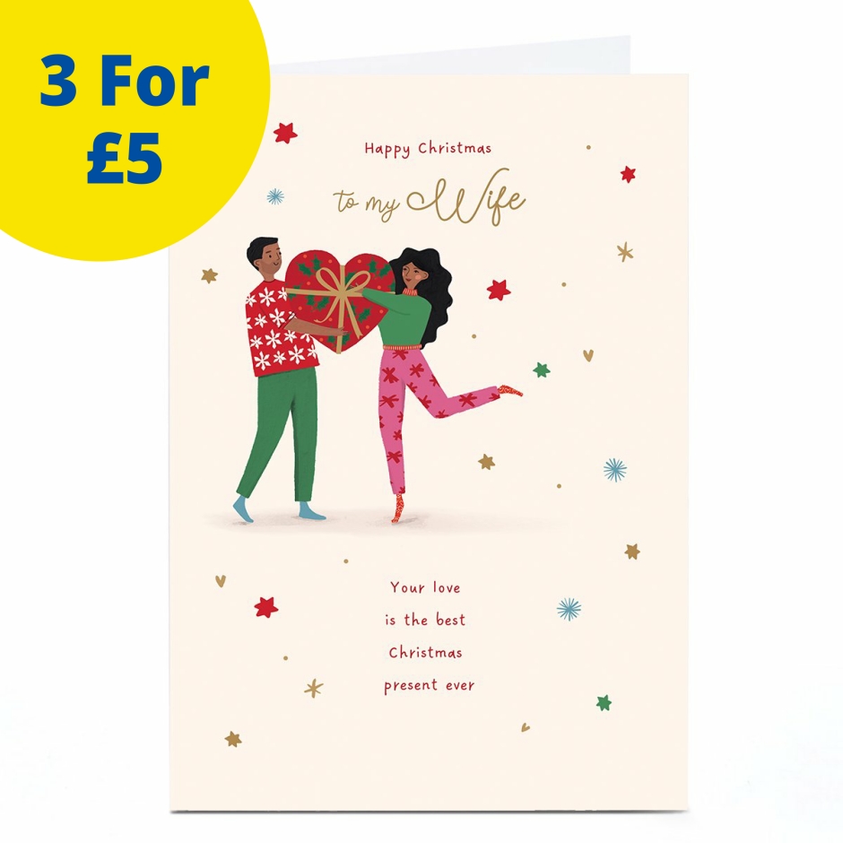 Image of Christmas Card - Cute Characters Heart Present, Wife | Christmas Cards