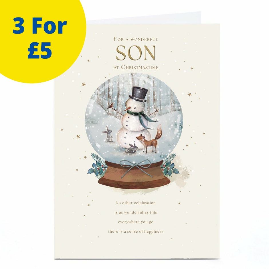 Image of Christmas Card - Snowman Fox and Rabbits Snowglobe, Son | Christmas Cards