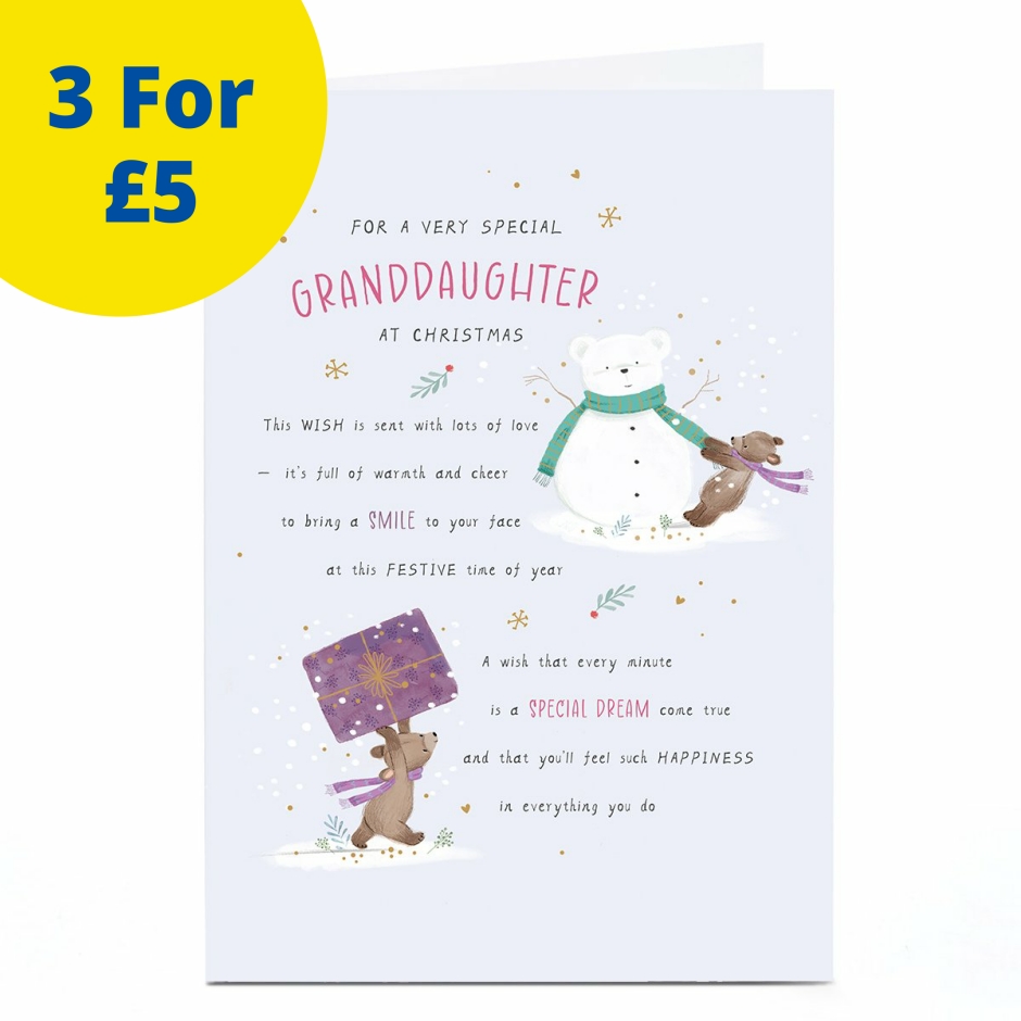 Image of Christmas Card - Cute Bear with Snowman and Present, Granddaughter | Christmas Cards