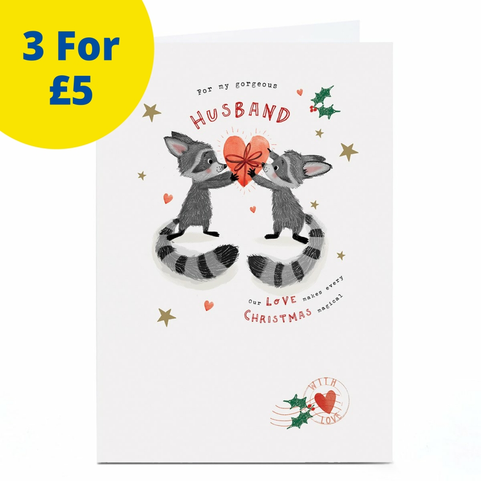 Image of Christmas Card - Raccoons with Heart Present, Husband | Christmas Cards