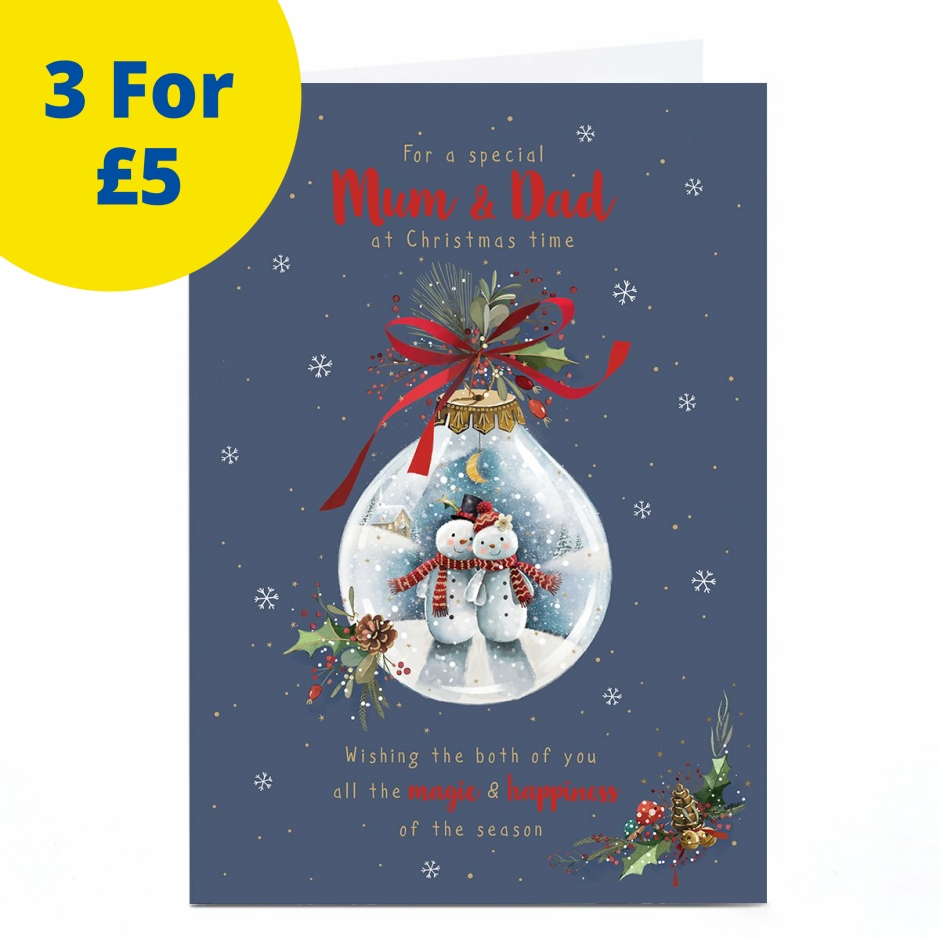 Image of Christmas Card - Snowmen Inside Bauble, Mum &amp; Dad | Christmas Cards