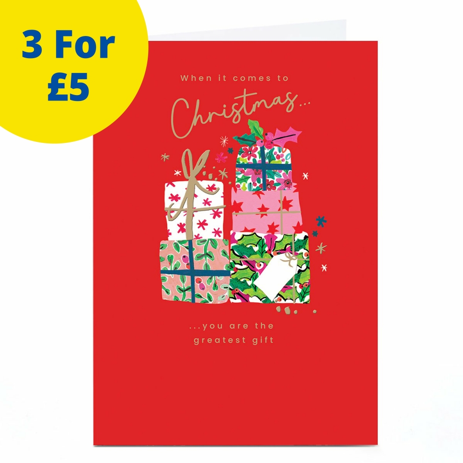 Image of Christmas Card - Red with Pile of Presents | Christmas Cards