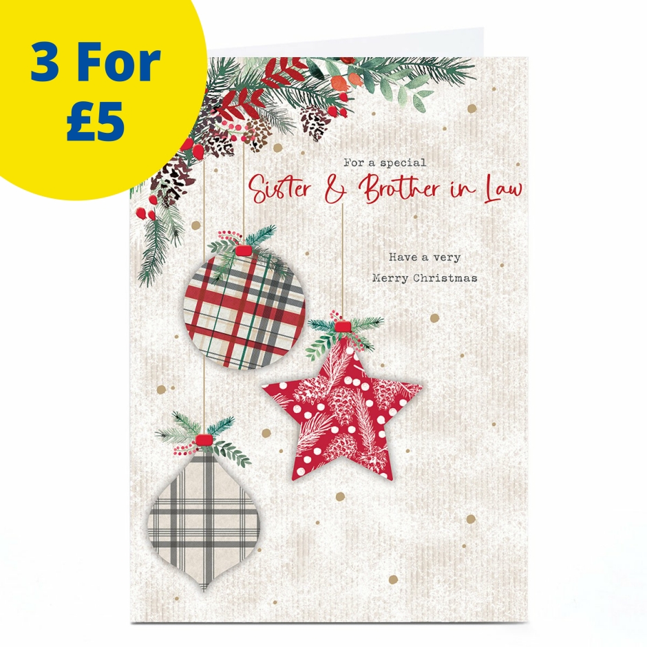 Image of Christmas Card - Patterned Baubles, Sister &amp; Brother-in-Law | Christmas Cards