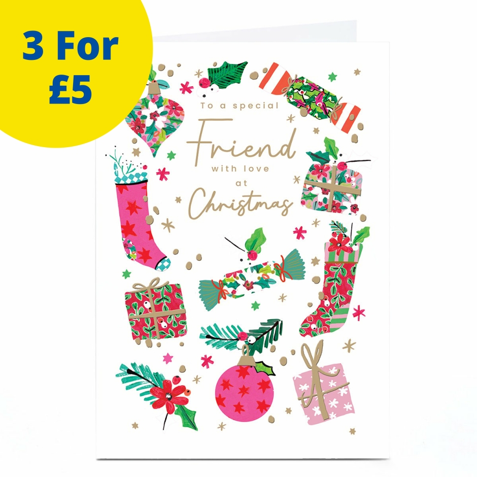 Image of Christmas Card - Stockings Baubles and Presents, Friend | Christmas Cards