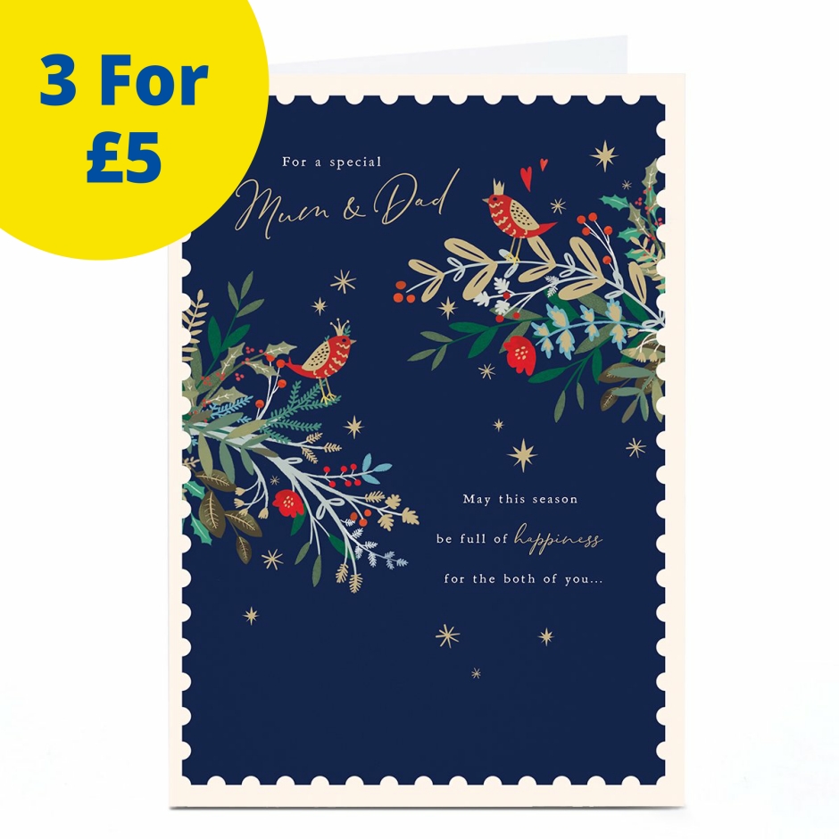 Image of Christmas Card - Navy Blue Birds on Branches, Mum &amp; Dad | Christmas Cards